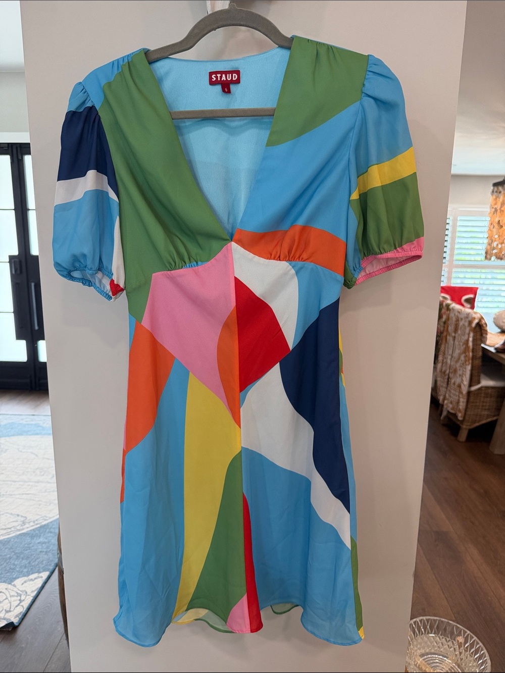 STAUD Bold Multicolor Abstract V-Neck Mini Dress size 6